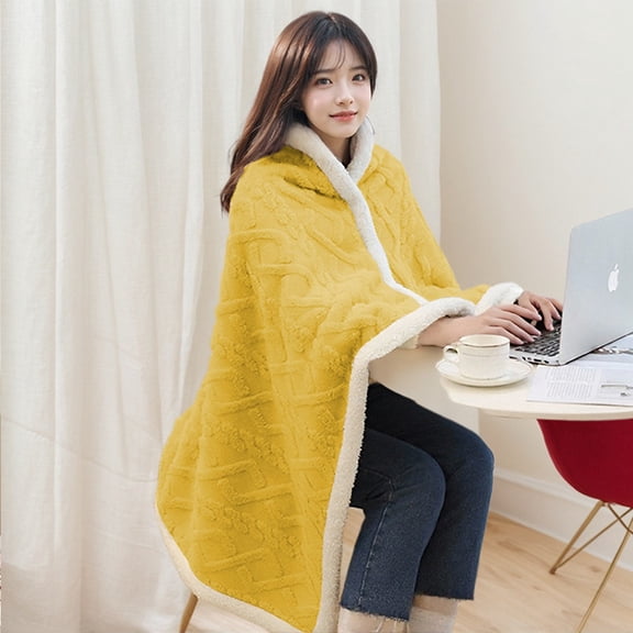 Wearable Blanket Poncho Cape Wrap for Adult, Cozy Fleece Pocketed Shawl TV Throw Blankets for Office and Lounge yellow 100*150cm