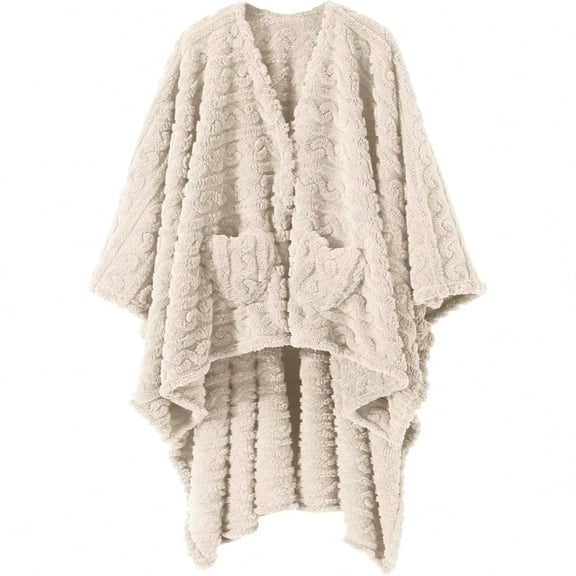Wearable Blanket Poncho Cape Wrap for Adult Cozy Sherpa Fleece Pocketed Shawl TV Throw Blankets for Office and Lounge Ivory 58'' x 64''