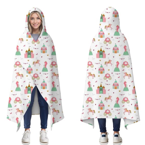 Wearable Blanket,Princess Castle Pattern Hooded Wearable Flannel Blanket for Adults & Teens,Winter Poncho Shawl Wrap Cape Cozy Anti-Pill,60"x80"