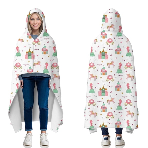 Wearable Blanket,Princess Castle Pattern Hooded Wearable Flannel Blanket for Adults & Teens with Buckle,Winter Poncho Shawl Wrap Cape,50"x60"