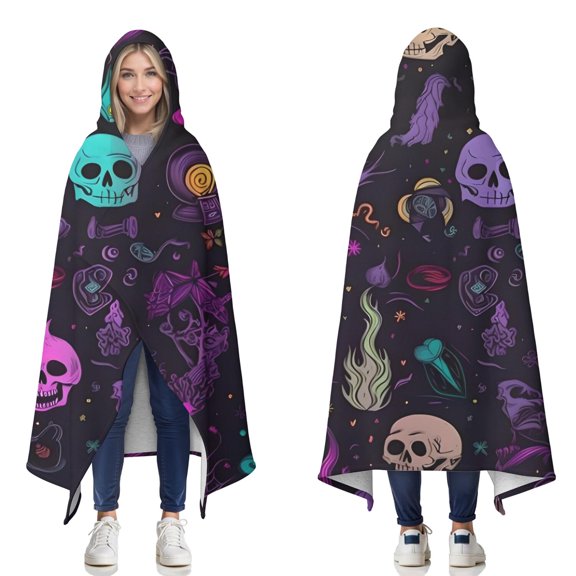 Wearable Blanket,Psychedelic Halloween Pattern Hooded Wearable Sherpa Blanket for Adults & Teens,Winter Poncho Shawl Wrap Cape Thick Warm,50"x60"