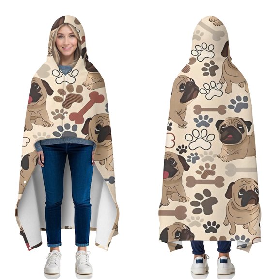 Wearable Blanket,Pug and Footprint Hooded Wearable Flannel Blanket for Adults & Teens with Buckle,Winter Poncho Shawl Wrap Cape,50"x60"
