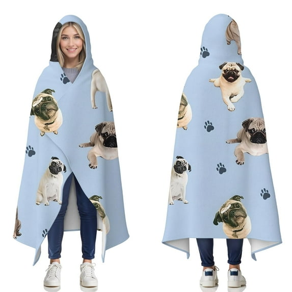 Wearable Blanket,Pug and Footprints Hooded Wearable Flannel Blanket for Adults & Teens,Winter Poncho Shawl Wrap Cape Cozy Anti-Pill,50"x60"