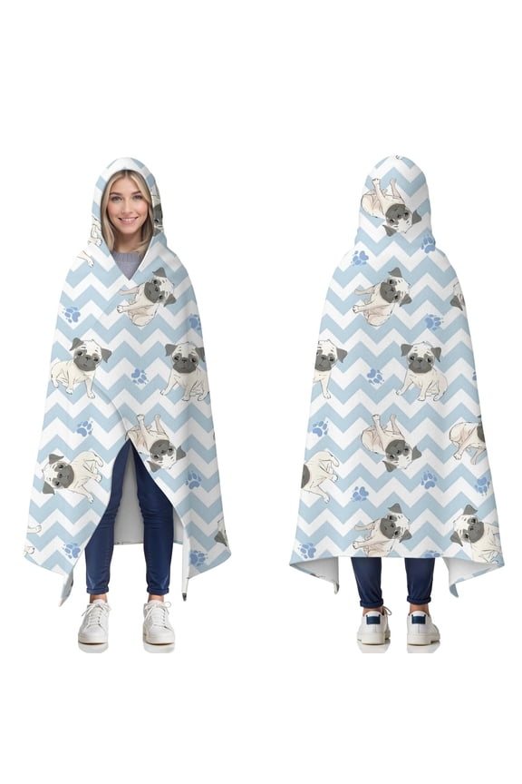 Wearable Blanket,Pug and Footprints Hooded Wearable Flannel Blanket for Adults & Teens,Winter Poncho Shawl Wrap Cape Cozy Anti-Pill,60"x80"