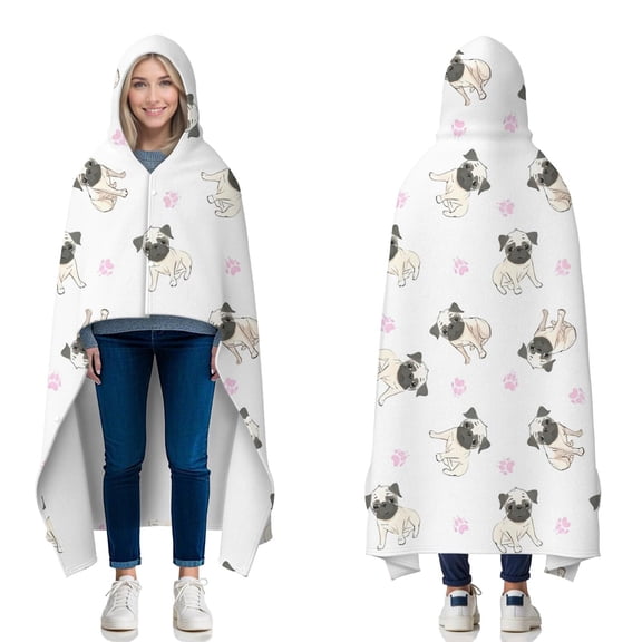 Wearable Blanket,Pug and Footprints Hooded Wearable Flannel Blanket for Adults & Teens with Buckle,Winter Poncho Shawl Wrap Cape,50"x60"