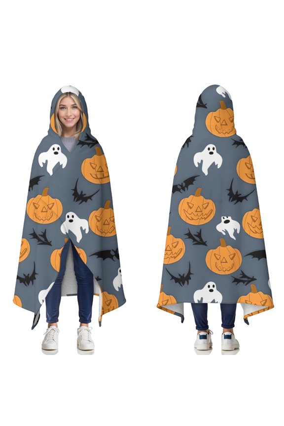 Wearable Blanket,Pumpkin Ghost Bat Halloween Pattern Hooded Wearable Sherpa Blanket for Adults & Teens,Winter Poncho Shawl Wrap Cape Thick Warm,60"x80"