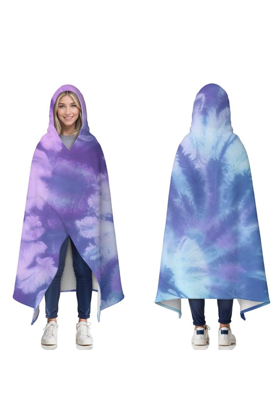 Wearable Blanket,Purple Blue Tie Dye Pattern Hooded Wearable Sherpa Blanket for Adults & Teens,Winter Poncho Shawl Wrap Cape Thick Warm,60"x80"