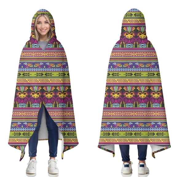 Wearable Blanket,Purple Boho Tribal Birds and Meanders Pattern Hooded Wearable Sherpa Blanket for Adults & Teens,Winter Poncho Shawl Wrap Cape Thick Warm,60"x80"