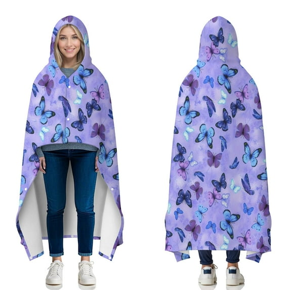 Wearable Blanket,Purple Butterfly Pattern Hooded Wearable Flannel Blanket for Adults & Teens with Buckle,Winter Poncho Shawl Wrap Cape,50"x60"