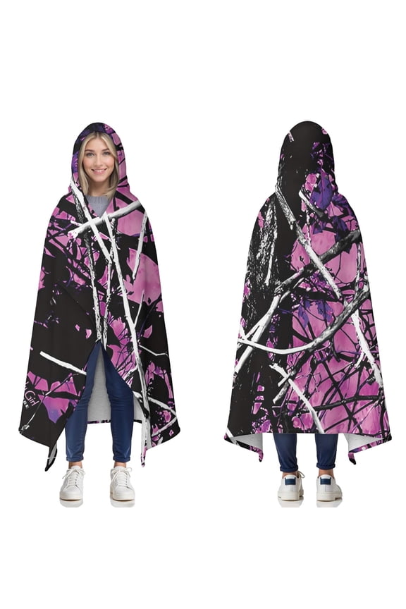 Wearable Blanket,Purple Camo Tree Branch Pattern Hooded Wearable Sherpa Blanket for Adults & Teens,Winter Poncho Shawl Wrap Cape Thick Warm,50"x60"