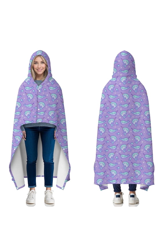 Wearable Blanket,Purple Cartoon Narwhal Pattern Hooded Wearable Flannel Blanket for Adults & Teens with Buckle,Winter Poncho Shawl Wrap Cape,50"x60"