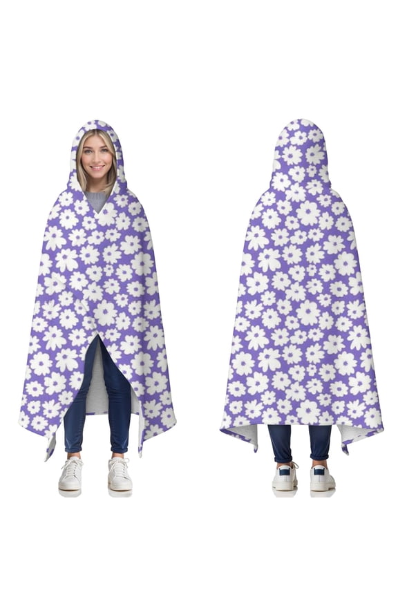 Wearable Blanket,Purple Daisy Flower Pattern Hooded Wearable Sherpa Blanket for Adults & Teens,Winter Poncho Shawl Wrap Cape Thick Warm,60"x80"