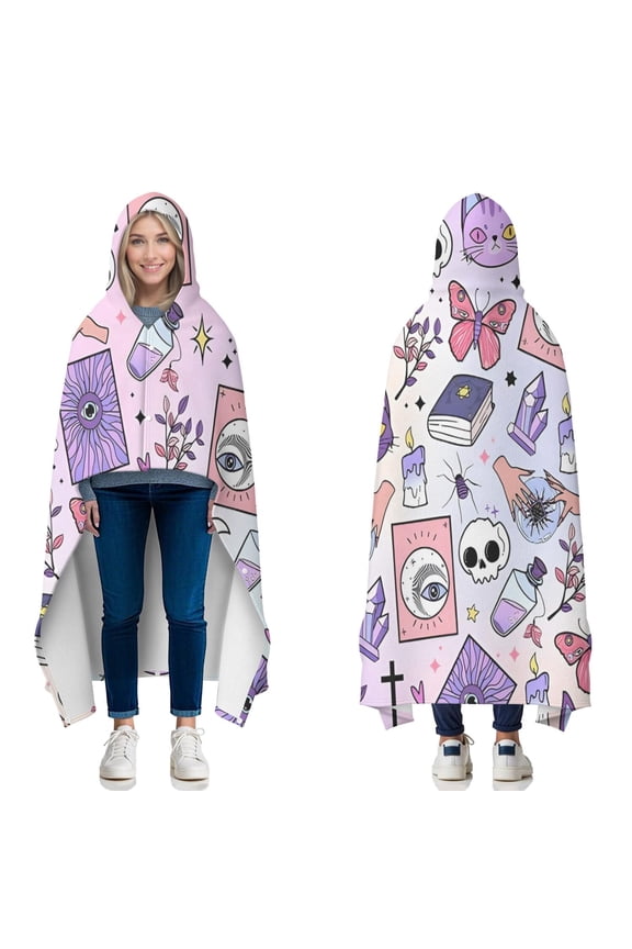Wearable Blanket,Purple Gothic Cat Crystal Pattern Hooded Wearable Flannel Blanket for Adults & Teens with Buckle,Winter Poncho Shawl Wrap Cape,50"x60"