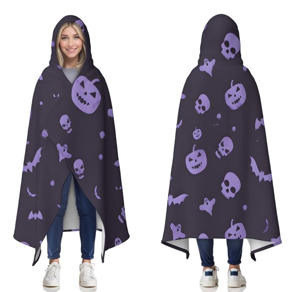 Wearable Blanket,Purple Halloween Ghosts Skulls and Bats Hooded Wearable Sherpa Blanket for Adults & Teens,Winter Poncho Shawl Wrap Cape Thick Warm,60"x80"