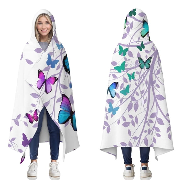 Wearable Blanket,Purple Leaf Butterfly Pattern Hooded Wearable Flannel Blanket for Adults & Teens,Winter Poncho Shawl Wrap Cape Cozy Anti-Pill,50"x60"