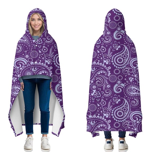 Wearable Blanket,Purple Paisley Pattern Hooded Wearable Flannel Blanket for Adults & Teens with Buckle,Winter Poncho Shawl Wrap Cape,50"x60"