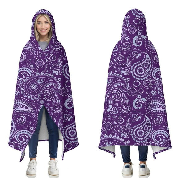 Wearable Blanket,Purple Paisley Pattern Hooded Wearable Sherpa Blanket for Adults & Teens,Winter Poncho Shawl Wrap Cape Thick Warm,50"x60"