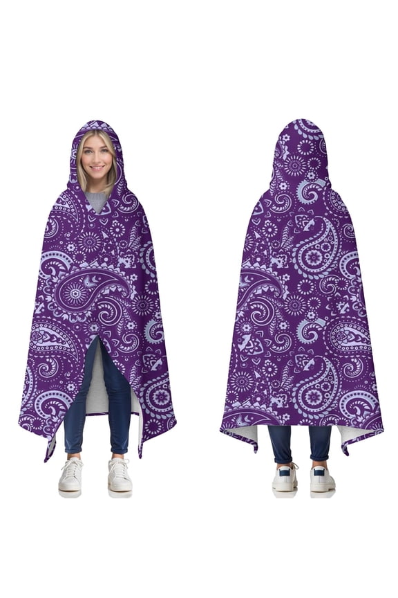 Wearable Blanket,Purple Paisley Pattern Hooded Wearable Sherpa Blanket for Adults & Teens,Winter Poncho Shawl Wrap Cape Thick Warm,60"x80"