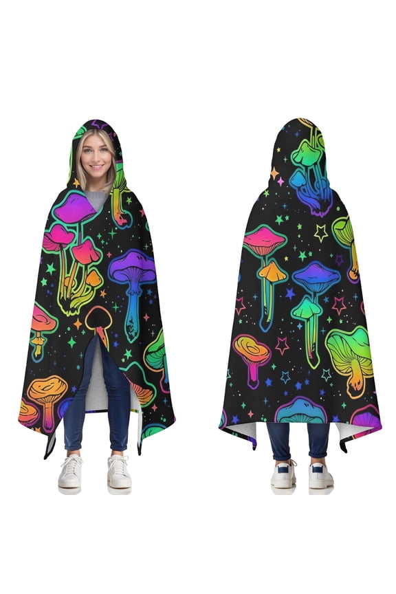 Wearable Blanket,Rainbow Mushroom Neon Black Pattern Hooded Wearable Sherpa Blanket for Adults & Teens,Winter Poncho Shawl Wrap Cape Thick Warm,50"x60"