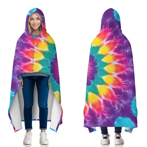 Wearable Blanket,Rainbow Tie Dye Radial Pattern Hooded Wearable Flannel Blanket for Adults & Teens with Buckle,Winter Poncho Shawl Wrap Cape,50"x60"