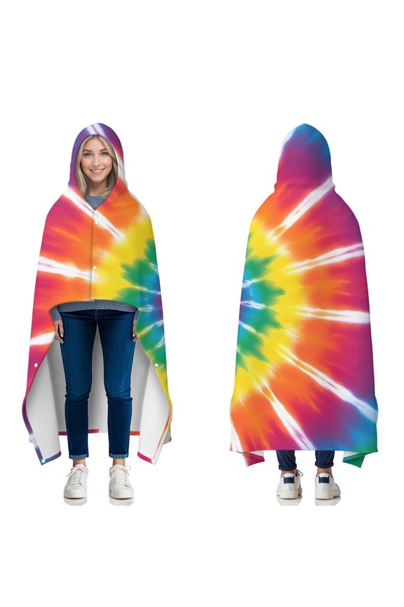 Wearable Blanket,Rainbow Tie Dye Ray Circle Pattern Hooded Wearable Flannel Blanket for Adults & Teens with Buckle,Winter Poncho Shawl Wrap Cape,50"x60"