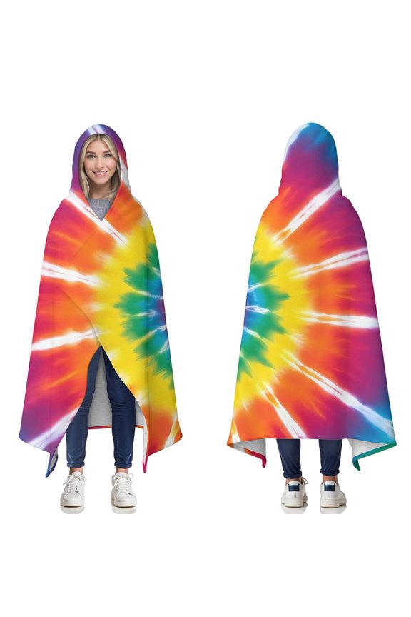 Wearable Blanket,Rainbow Tie Dye Ray Circle Pattern Hooded Wearable Sherpa Blanket for Adults & Teens,Winter Poncho Shawl Wrap Cape Thick Warm,60"x80"