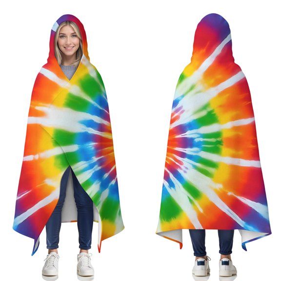 Wearable Blanket,Rainbow Tie Dye Sunburst Hooded Wearable Flannel Blanket for Adults & Teens,Winter Poncho Shawl Wrap Cape Cozy Anti-Pill,50"x60"