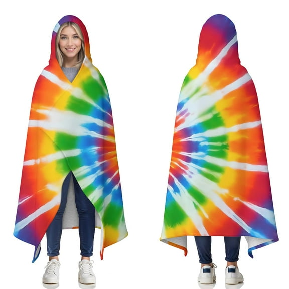 Wearable Blanket,Rainbow Tie Dye Sunburst Hooded Wearable Sherpa Blanket for Adults & Teens,Winter Poncho Shawl Wrap Cape Thick Warm,60"x80"