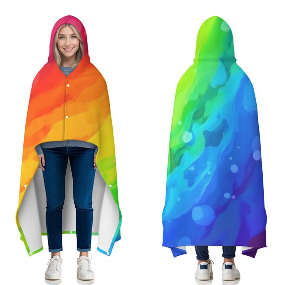 Wearable Blanket,Rainbow Tie Dye Wave Pattern Hooded Wearable Flannel Blanket for Adults & Teens with Buckle,Winter Poncho Shawl Wrap Cape,60"x80"
