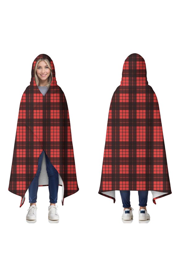 Wearable Blanket,Red and Black Christmas Plaid Pattern Hooded Wearable Sherpa Blanket for Adults & Teens,Winter Poncho Shawl Wrap Cape Thick Warm,60"x80"
