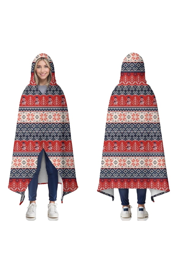 Wearable Blanket,Red and Blue Christmas Knitted Pattern Hooded Wearable Sherpa Blanket for Adults & Teens,Winter Poncho Shawl Wrap Cape Thick Warm,50"x60"