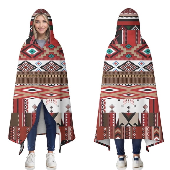 Wearable Blanket,Red Boho Tribal Diamonds and Rectangles Pattern Hooded Wearable Sherpa Blanket for Adults & Teens,Winter Poncho Shawl Wrap Cape Thick Warm,60"x80"