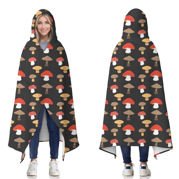 Wearable Blanket,Red Brown Mushroom Black Pattern Hooded Wearable Flannel Blanket for Adults & Teens,Winter Poncho Shawl Wrap Cape Cozy Anti-Pill,60"x80"