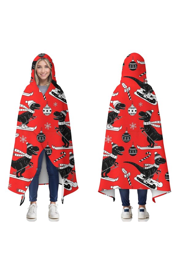 Wearable Blanket,Red Cartoon Dinosaurs Skiing Pattern Hooded Wearable Flannel Blanket for Adults & Teens,Winter Poncho Shawl Wrap Cape Cozy Anti-Pill,60"x80"