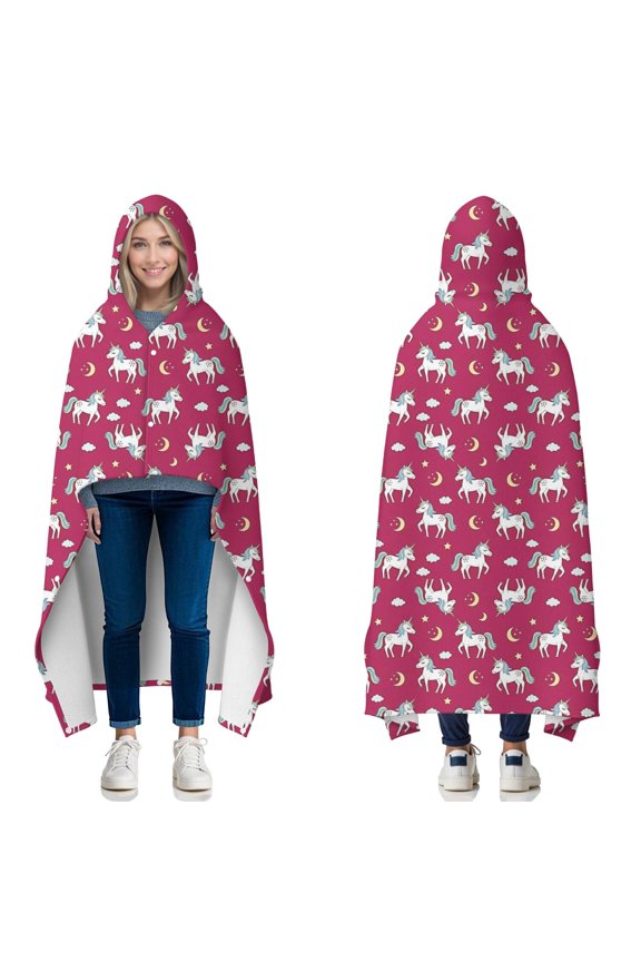 Wearable Blanket,Red Cartoon Unicorn Moon Star Cloud Pattern Hooded Wearable Flannel Blanket for Adults & Teens with Buckle,Winter Poncho Shawl Wrap Cape,50"x60"