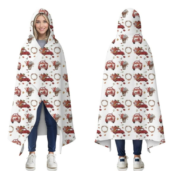 Wearable Blanket,Red Christmas Car and Flower Pattern Hooded Wearable Flannel Blanket for Adults & Teens,Winter Poncho Shawl Wrap Cape Cozy Anti-Pill,50"x60"
