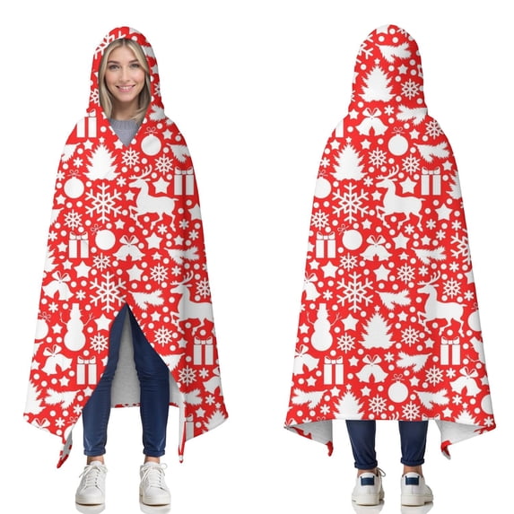 Wearable Blanket,Red Christmas Deer and Gift Pattern Hooded Wearable Sherpa Blanket for Adults & Teens,Winter Poncho Shawl Wrap Cape Thick Warm,60"x80"