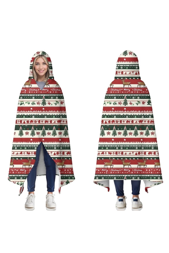 Wearable Blanket,Red Christmas Deer and Tree Pattern Hooded Wearable Sherpa Blanket for Adults & Teens,Winter Poncho Shawl Wrap Cape Thick Warm,50"x60"