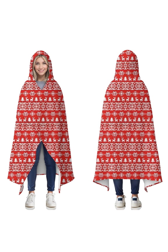 Wearable Blanket,Red Christmas Folk Pattern Hooded Wearable Flannel Blanket for Adults & Teens,Winter Poncho Shawl Wrap Cape Cozy Anti-Pill,50"x60"