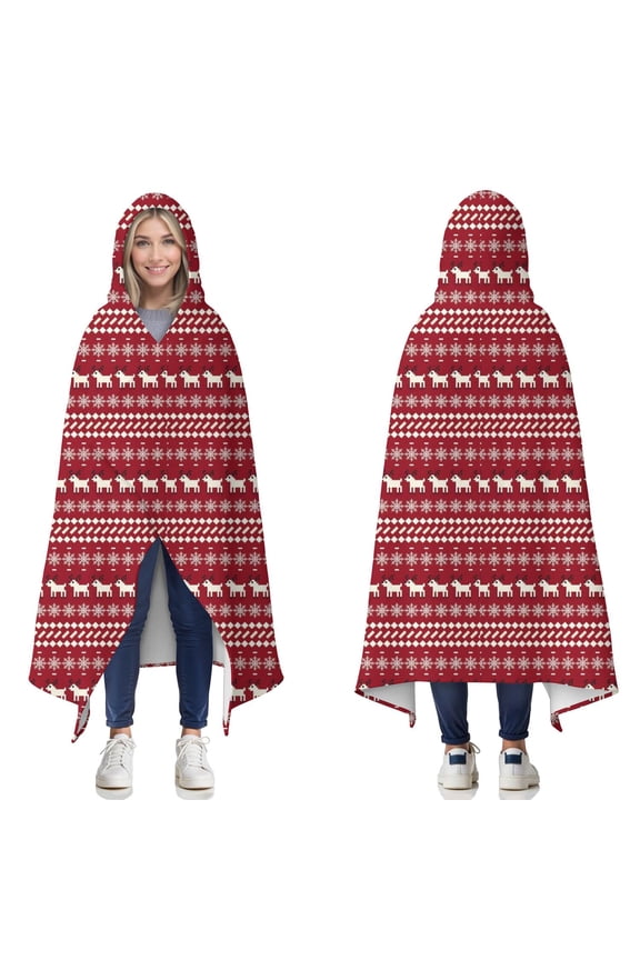 Wearable Blanket,Red Christmas Folk Pattern Hooded Wearable Flannel Blanket for Adults & Teens,Winter Poncho Shawl Wrap Cape Cozy Anti-Pill,50"x60"