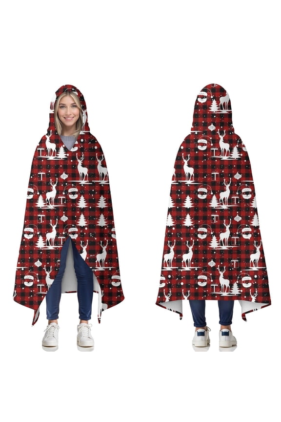 Wearable Blanket,Red Christmas Plaid Deer and Tree Pattern Hooded Wearable Flannel Blanket for Adults & Teens,Winter Poncho Shawl Wrap Cape Cozy Anti-Pill,50"x60"