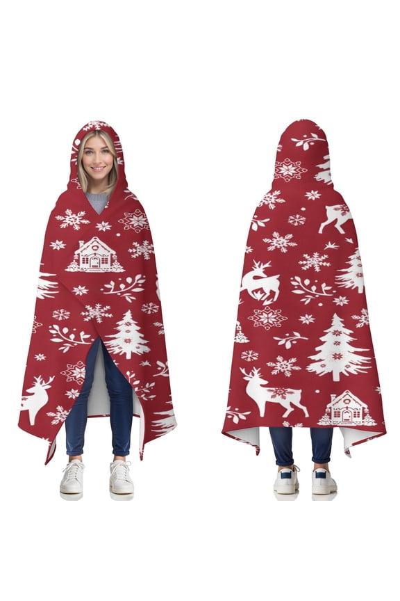Wearable Blanket,Red Christmas Tree and Deer Pattern Hooded Wearable Flannel Blanket for Adults & Teens,Winter Poncho Shawl Wrap Cape Cozy Anti-Pill,50"x60"