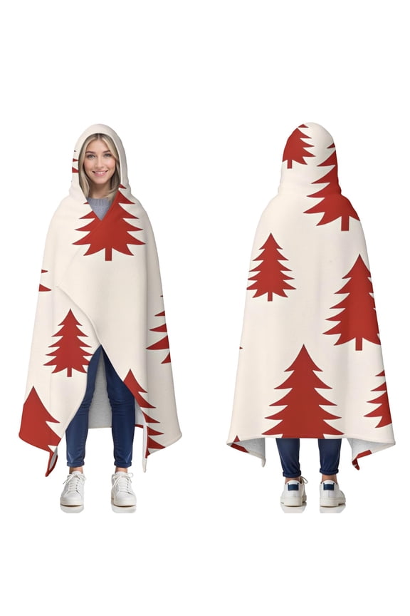Wearable Blanket,Red Christmas Tree Pattern Hooded Wearable Sherpa Blanket for Adults & Teens,Winter Poncho Shawl Wrap Cape Thick Warm,60"x80"