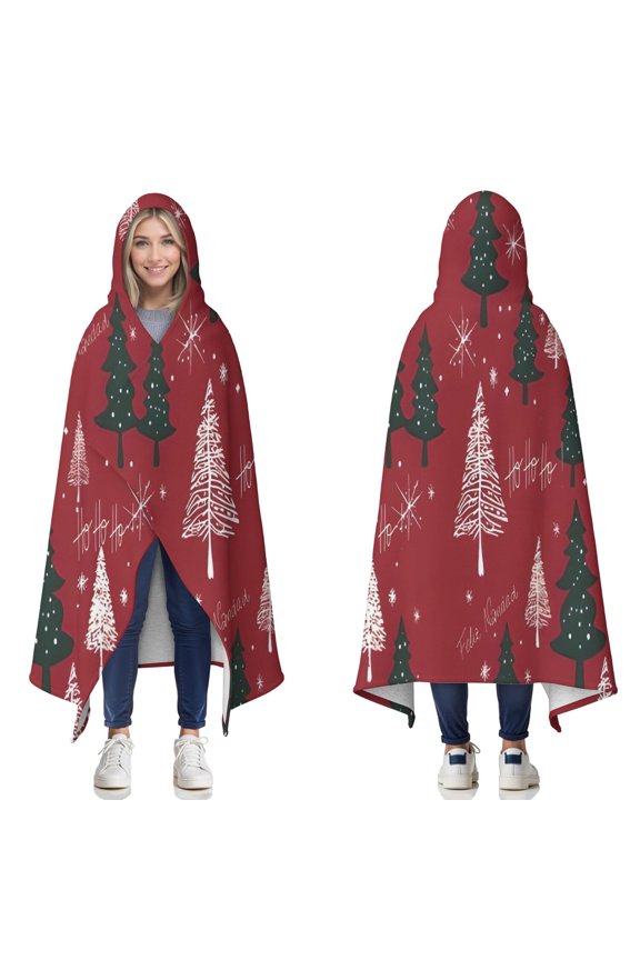 Wearable Blanket,Red Christmas Tree and Snow Pattern Hooded Wearable Sherpa Blanket for Adults & Teens,Winter Poncho Shawl Wrap Cape Thick Warm,50"x60"