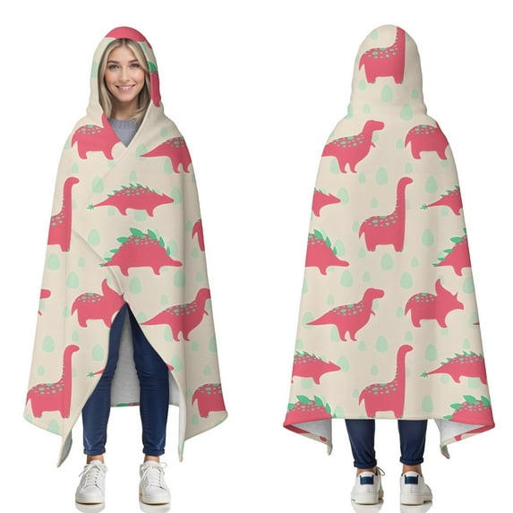Wearable Blanket,Red Dinosaur Silhouette Pattern Hooded Wearable Sherpa Blanket for Adults & Teens,Winter Poncho Shawl Wrap Cape Thick Warm,60"x80"