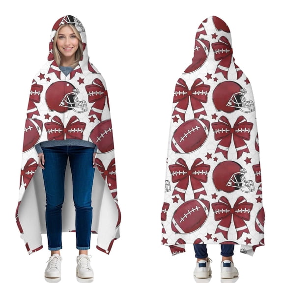 Wearable Blanket,Red Football Helmets with Bows Pattern Hooded Wearable Flannel Blanket for Adults & Teens with Buckle,Winter Poncho Shawl Wrap Cape,50"x60"
