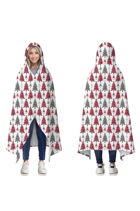 Wearable Blanket,Red and Gray Christmas Tree Pattern Hooded Wearable Sherpa Blanket for Adults & Teens,Winter Poncho Shawl Wrap Cape Thick Warm,50"x60"