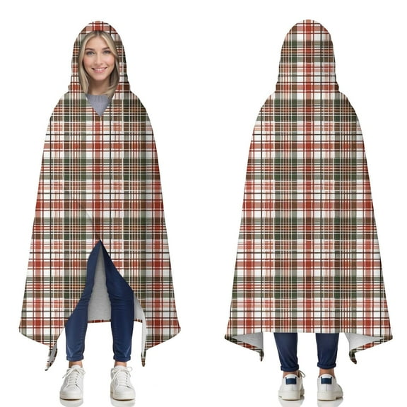 Wearable Blanket,Red and Green Christmas Plaid Pattern Hooded Wearable Sherpa Blanket for Adults & Teens,Winter Poncho Shawl Wrap Cape Thick Warm,50"x60"