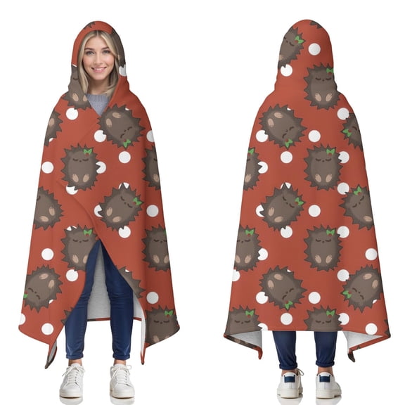 Wearable Blanket,Red Hedgehog Pattern Hooded Wearable Sherpa Blanket for Adults & Teens,Winter Poncho Shawl Wrap Cape Thick Warm,60"x80"