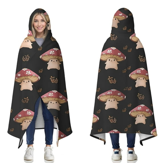 Wearable Blanket,Red Mushroom Cartoon Black Pattern Hooded Wearable Sherpa Blanket for Adults & Teens,Winter Poncho Shawl Wrap Cape Thick Warm,60"x80"
